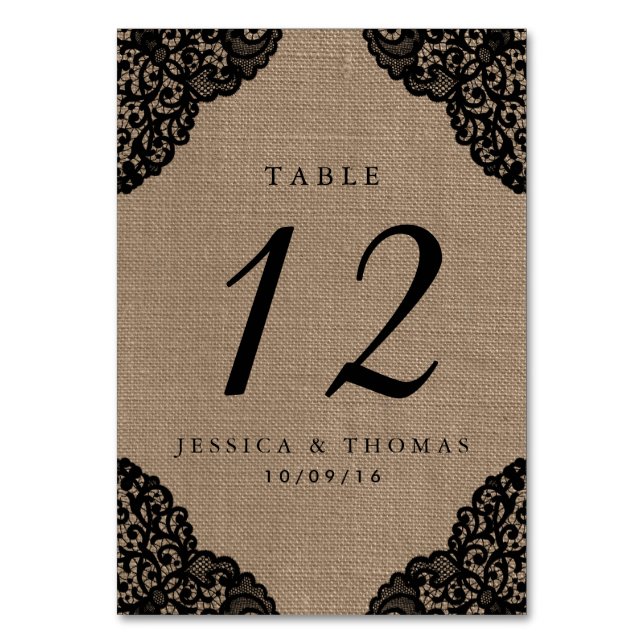 The Black Lace On Rustic Burlap Wedding Collection Table Number (Front)