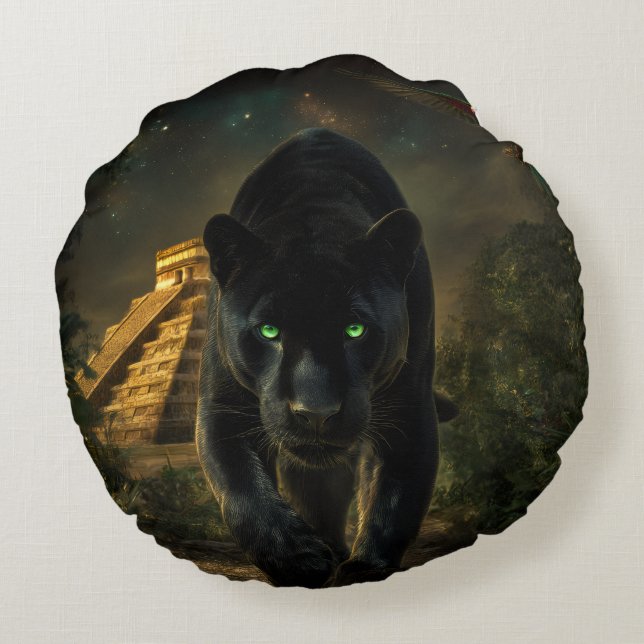 The Black Puma and the Green Macaw Round Pillow (Back)