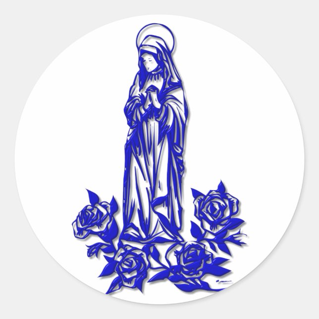 The Blessed Virgin Mary ( with blue roses ) Classic Round Sticker (Front)