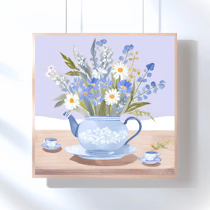 The Blooming Kettle   Blue Watercolor Tea Painting Poster