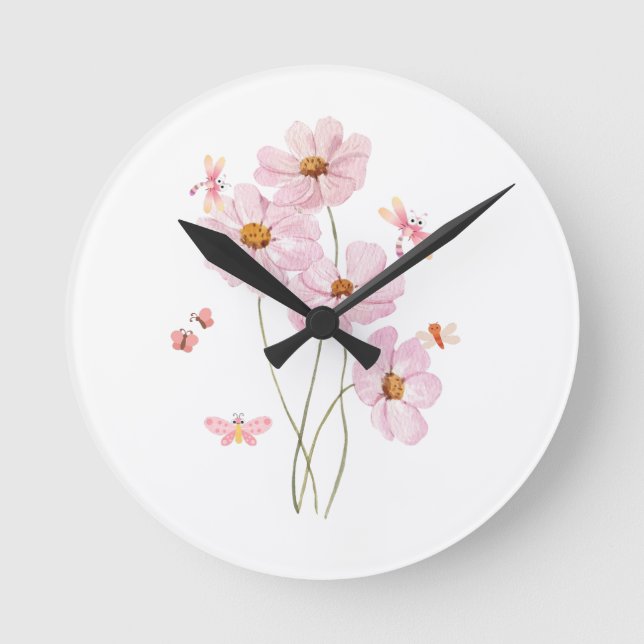 The blooming pink flower botanical and butterfies  round clock (Front)