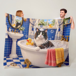 The Blue Bath Cat Fleece Blanket
