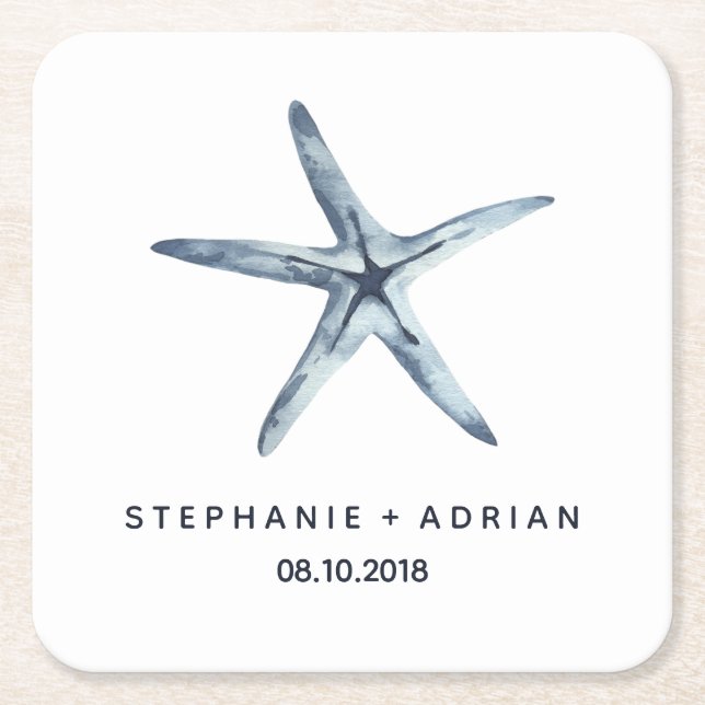 The Blue Starfish | Customized Wedding Square Paper Coaster (Front)