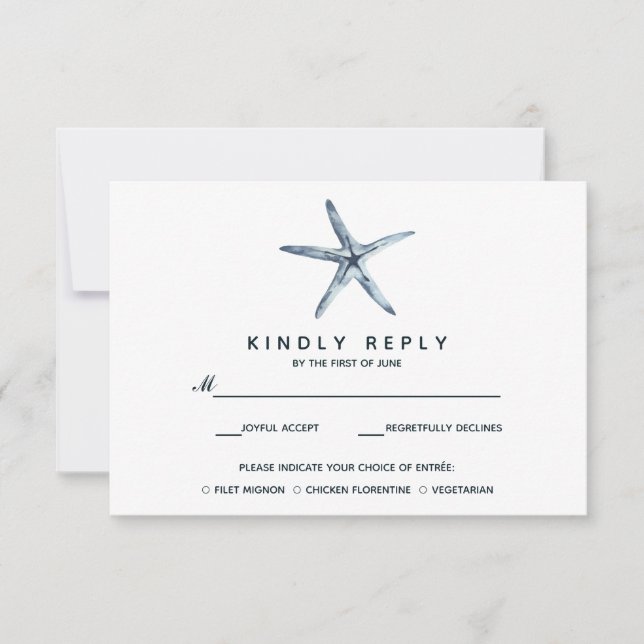 The Blue Starfish | Wedding RSVP with meal choise Card (Front)