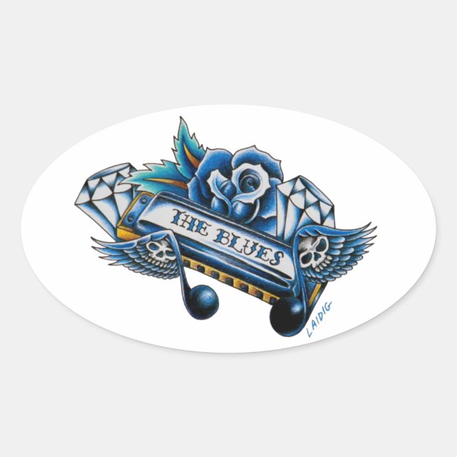 The Blues Harmonica Flash Art Oval Sticker (Front)