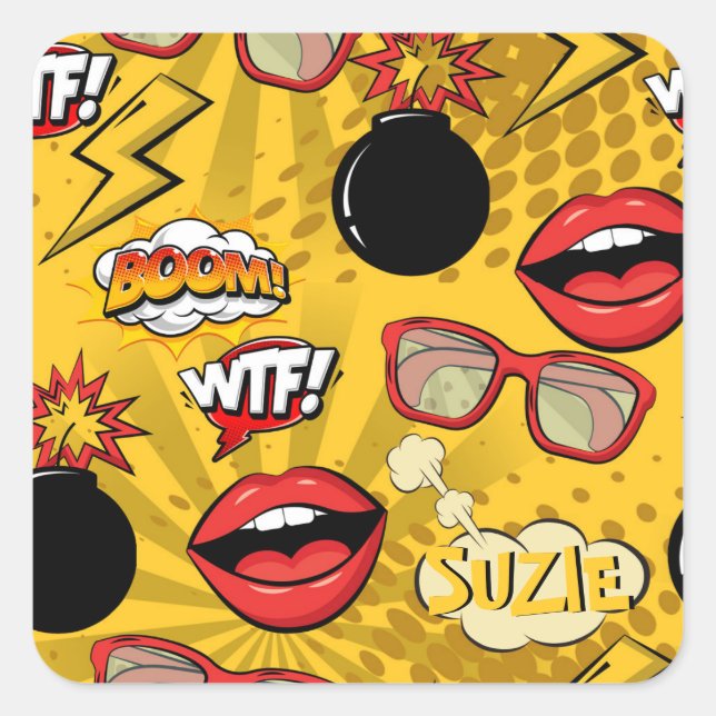 The Bomb Retro Lips Red/Gold ID553 Square Sticker (Front)