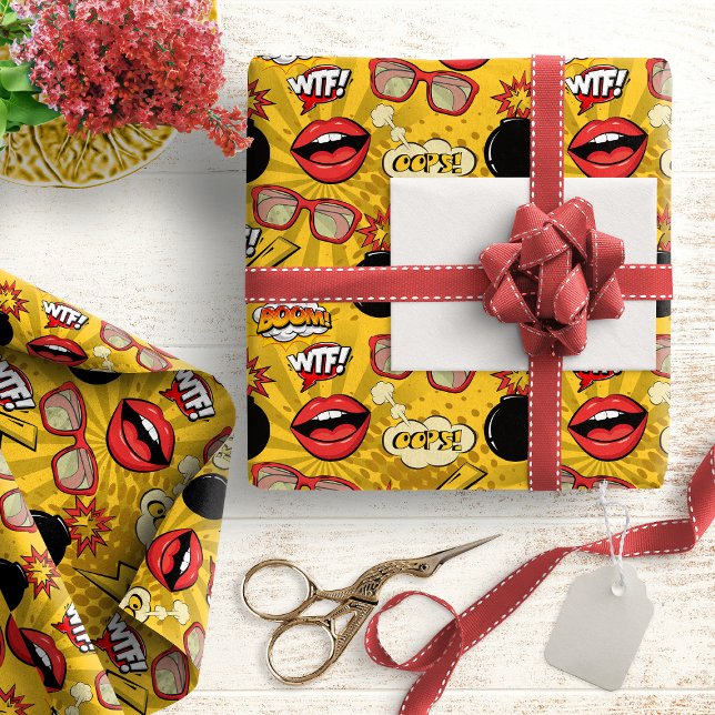 The Bomb Retro Lips Red/Gold ID553 Wrapping Paper (Creator Uploaded)