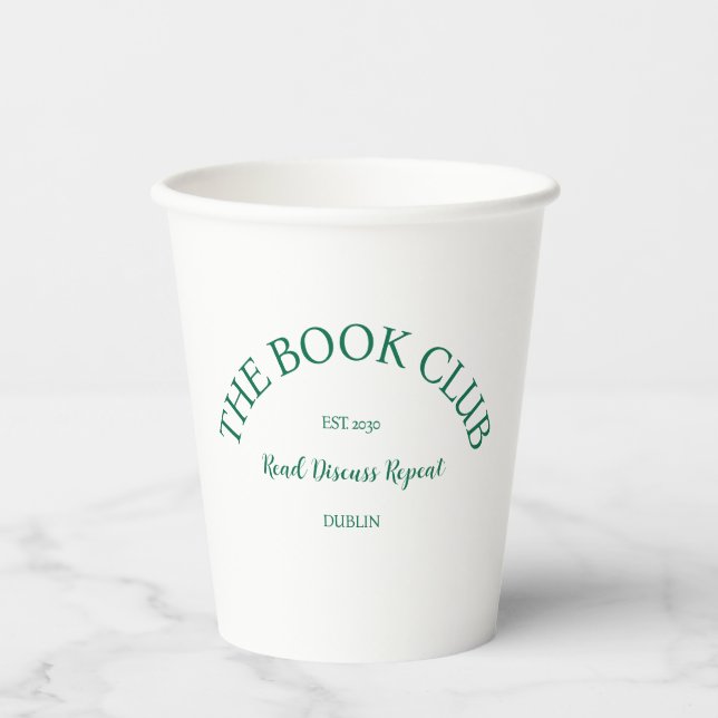 The Book Club Green Crest Read Discuss Repeat Paper Cups (Front)