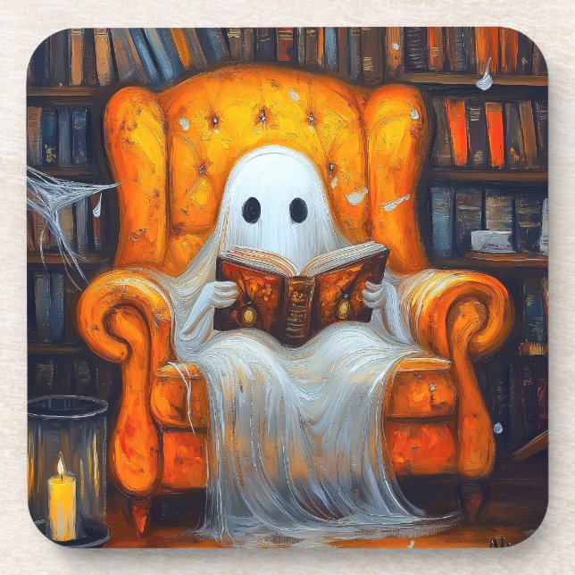 The Bookish Ghost | Cozy Halloween Library Scene Coaster (Front)