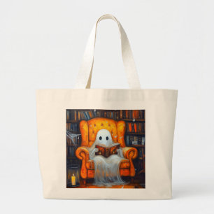 The Bookish Ghost Cozy Halloween Library Scene Large Tote Bag
