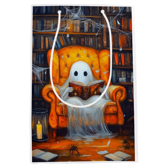 The Bookish Ghost | Cozy Halloween Library Scene Medium Gift Bag (Front)