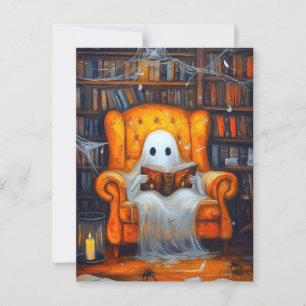 The Bookish Ghost   Cozy Halloween Library Scene Postcard
