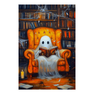 The Bookish Ghost   Cozy Halloween Library Scene Poster