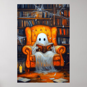 The Bookish Ghost   Cozy Halloween Library Scene Poster