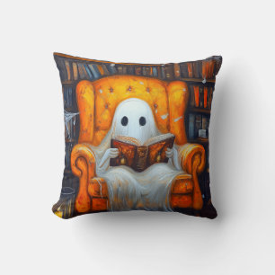 The Bookish Ghost Cozy Halloween Library Scene Throw Pillow