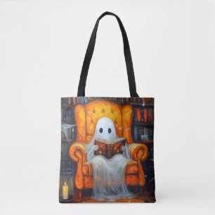 The Bookish Ghost   Cozy Halloween Library Scene Tote Bag