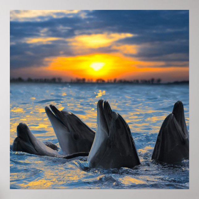 The bottle-nosed dolphins in sunset light poster (Front)