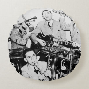The boys in the bandvintage, music, band, retro, s round pillow