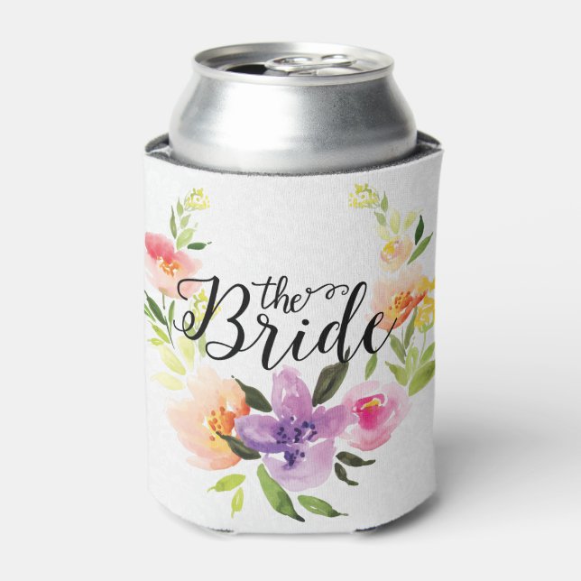 The Bride-Black Text & Colourful Floral Wreath Can Cooler (Can Front)