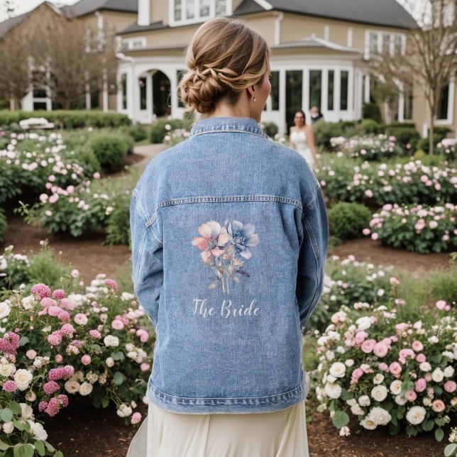 The Bride Blue Pink Flowers Denim Jacket (Wedding Back)