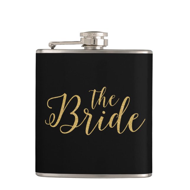 The Bride-Gold Glitter Typographical Design Hip Flask (Front)