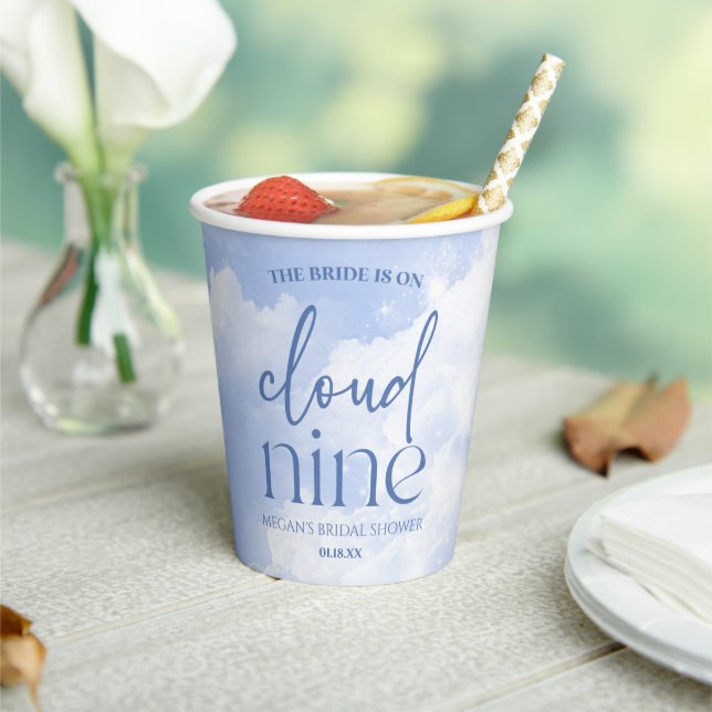 The Bride Is On Cloud Nine Blue Bridal Shower Paper Cups (Insitu)