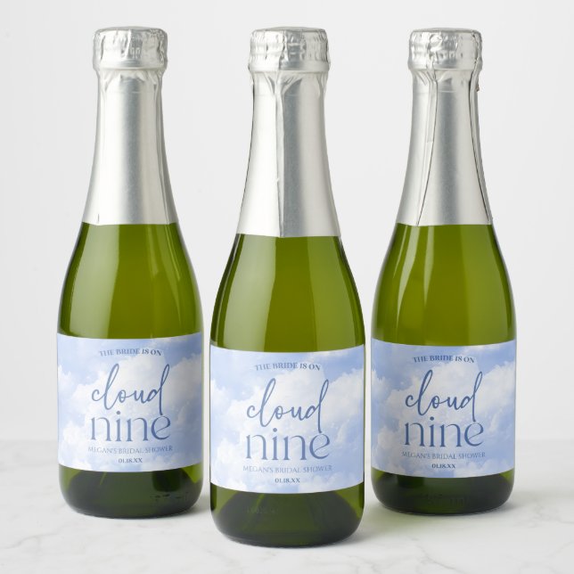 The Bride Is On Cloud Nine Blue Bridal Shower Sparkling Wine Label (Bottles)