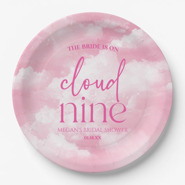 The Bride Is On Cloud Nine Pink Bridal Shower Paper Plate (Front)