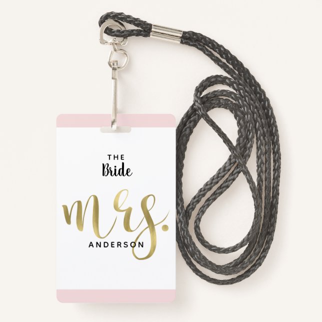 The Bride Mrs. Gold Wedding Party VIP Pass Badge (Front with Lanyard)