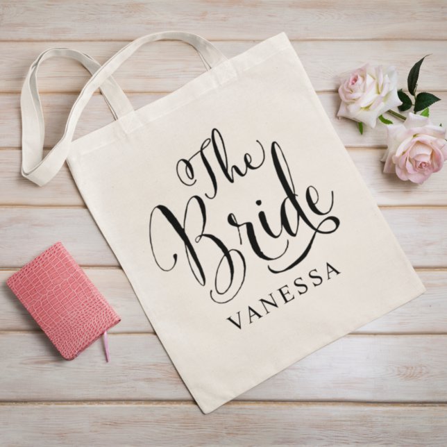 The Bride Personalized Black Script Wedding Tote Bag (Creator Uploaded)