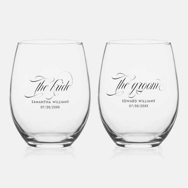 The bride The Groom Elegant Black Typography Stemless Wine Glass (Front)