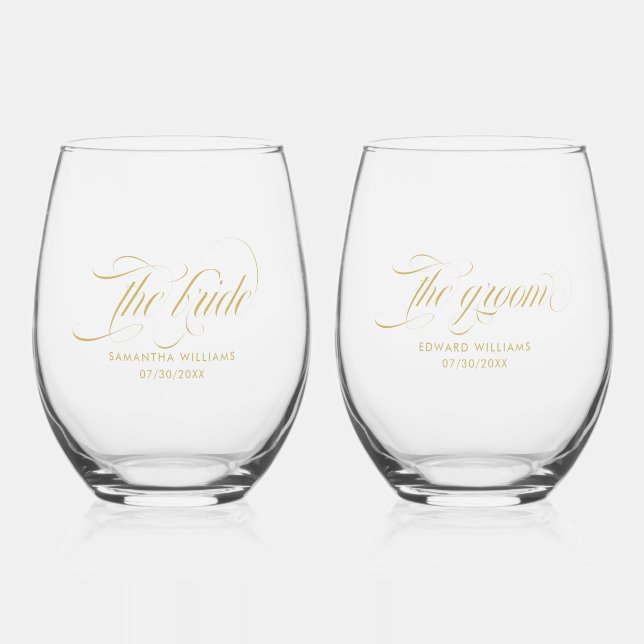 The bride The Groom Elegant Gold Script Typography Stemless Wine Glass (Front)