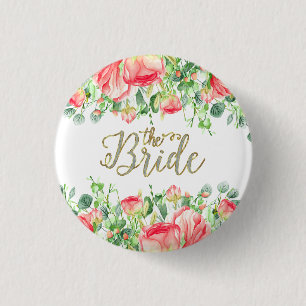 The Bride Typography With Pink Flowers Frame 1 Inch Round Button