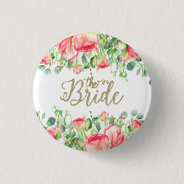 The Bride Typography With Pink Flowers Frame 1 Inch Round Button (Front)