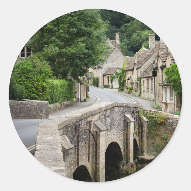 The bridge in Castle Combe, UK round sticker (Front)