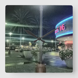 The Bright Lights of the Movie Theatre at Night Square Wall Clock