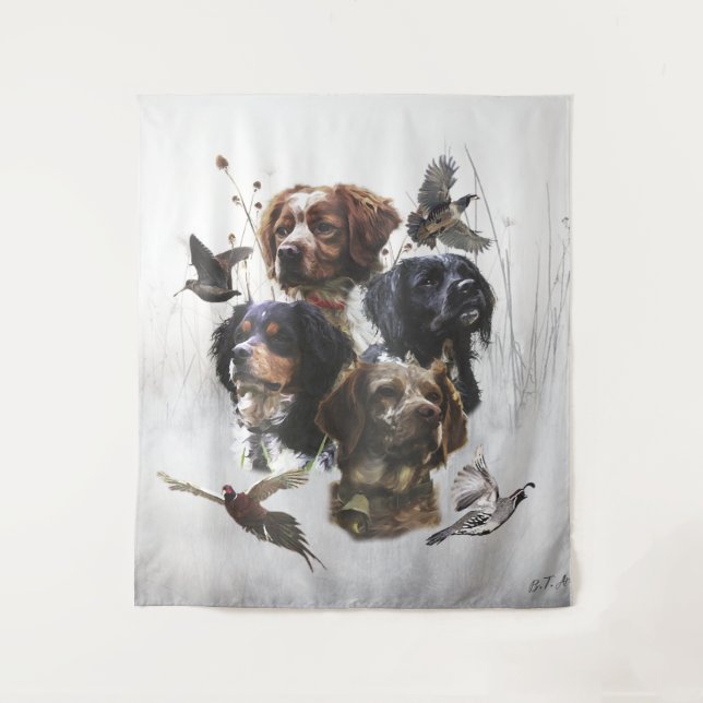 The Brittany Spaniels , Bird Hunting Season Tapestry (Front)