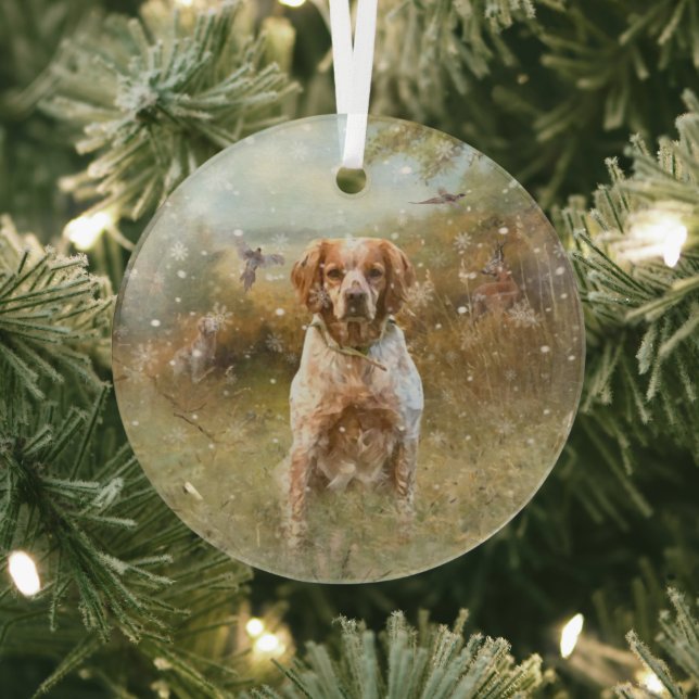The Brittany Spaniels,  French Brittany, Bird dog, Glass Ornament (Insitu)