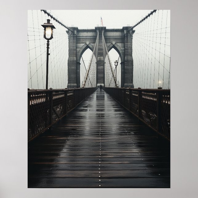 The Brooklyn Bridge in black and white in the mist Poster (Front)