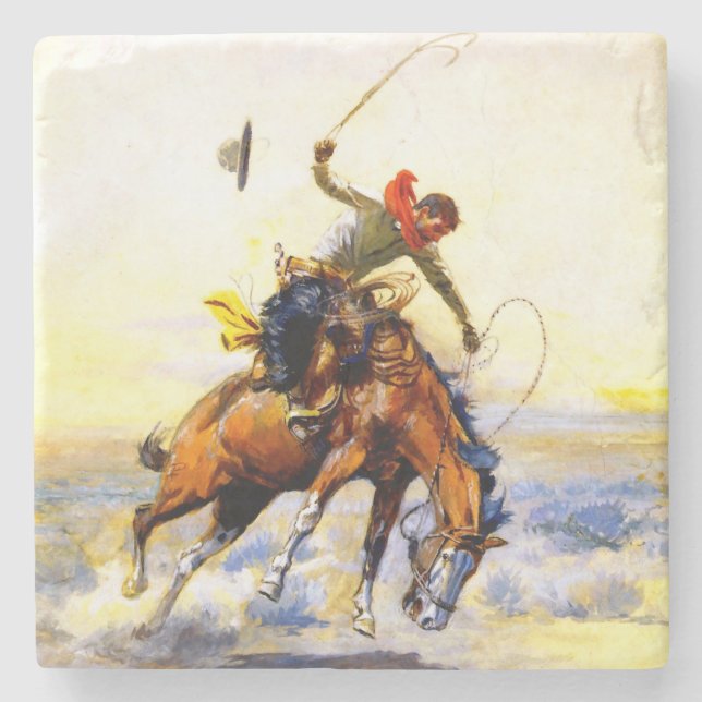 “The Bucker” Western Art by Charles M Russell Stone Coaster (Front)