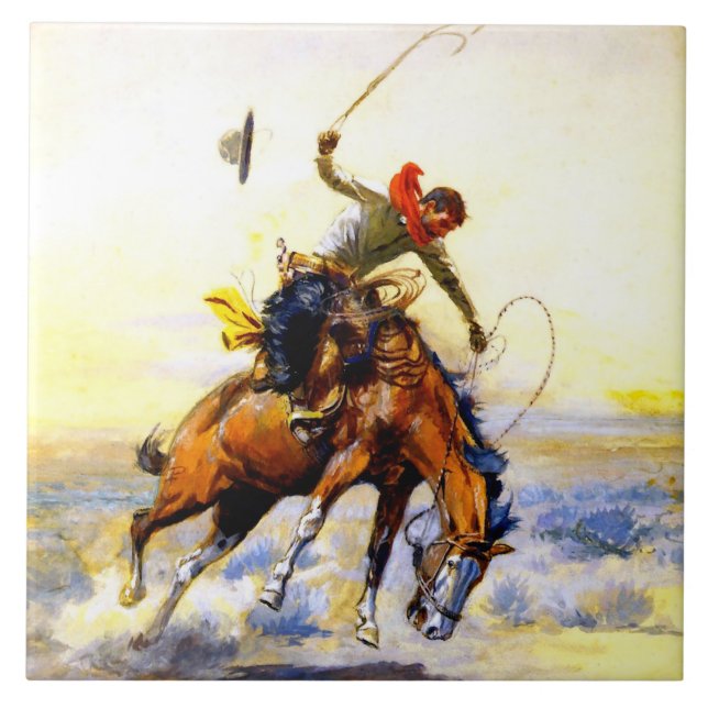 “The Bucker” Western Art by Charles M Russell Tile (Front)