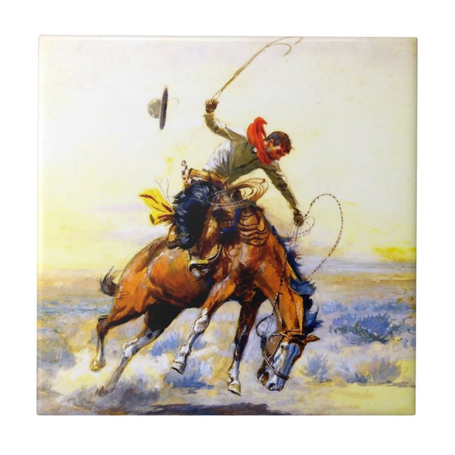 “The Bucker” Western Art by Charles M Russell Tile (Front)