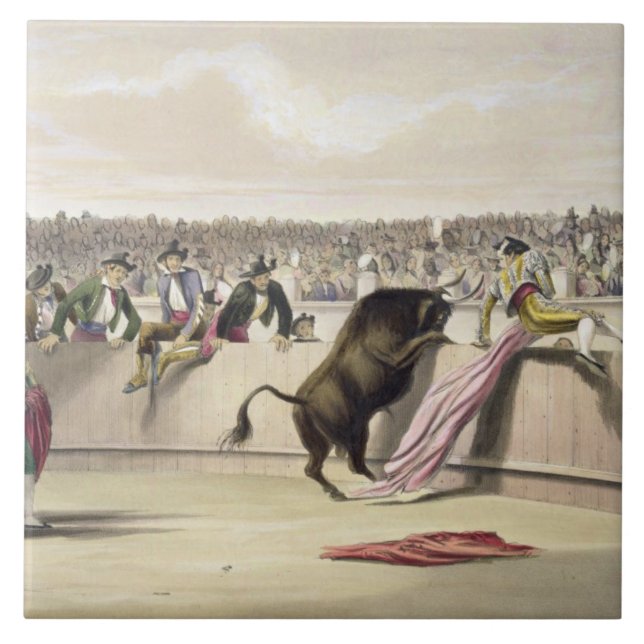 The Bull Leaping the Barriers, 1865 (colour litho) Tile (Front)