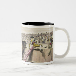 The Bull Leaping the Barriers, 1865 (colour litho) Two-Tone Coffee Mug