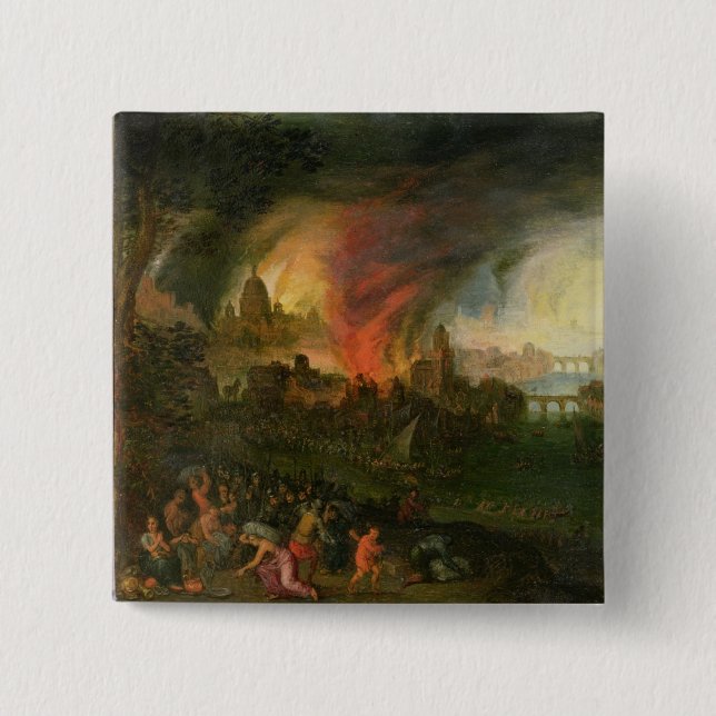 The Burning of Troy (oil on copper) 2 Inch Square Button (Front)