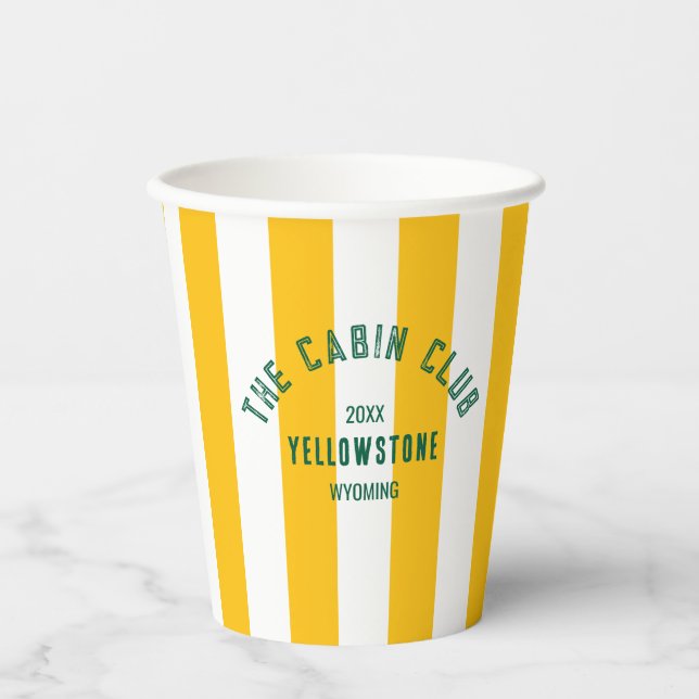 The Cabin Club Custom Crest Yellow Park Stripe  Paper Cups (Front)