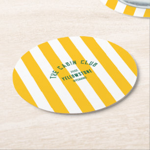 The Cabin Club Custom Crest Yellow Park Stripe Round Paper Coaster