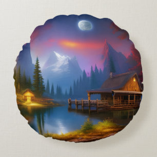 The Cabin in the Cove under the Moon  Round Pillow