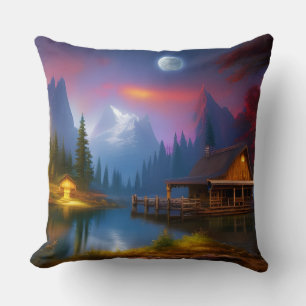 The Cabin in the Cove under the Moon Throw Pillow