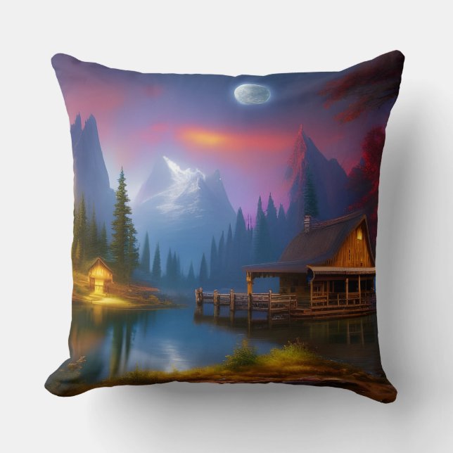 The Cabin in the Cove under the Moon Throw Pillow (Front)
